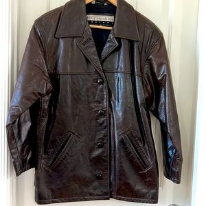 Dark brown leather jacket.